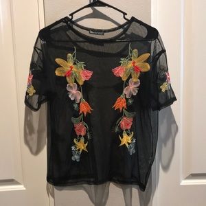 Zara Sheer Black T-Shirt with Floral Design